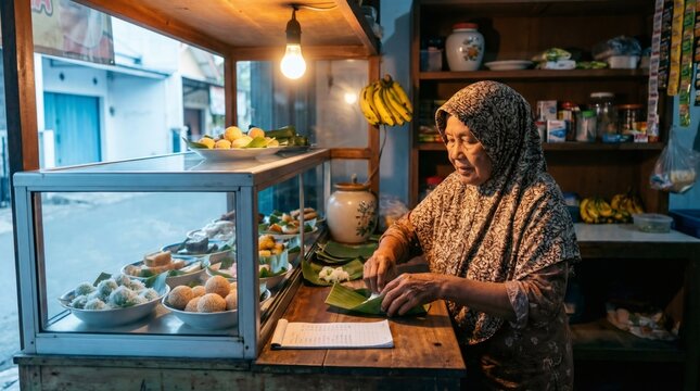 Senior Muslim woman selling traditional Indonesian snacks at street food stall for local market concept