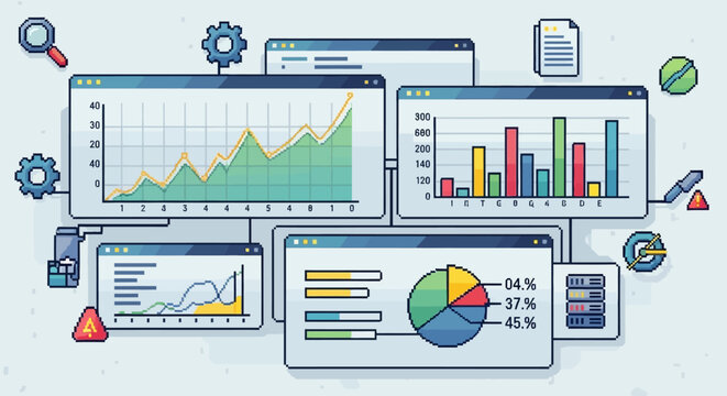 Business analytics and data visualization on multiple computer screens with graphs and charts