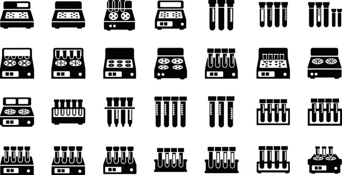 Laboratory PCR Thermal Cycler and Test Tube Silhouette Icons Set, Scientific Research Biotechnology Equipment for DNA Analysis, Medical Diagnostic Tool Vector Illustration