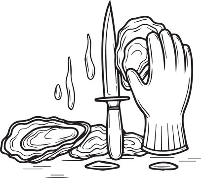 Oysters with a shucking knife and protective glove for seafood preparation