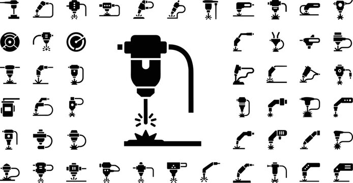 Industrial laser welding and metal cutting machine silhouettes, automated robotic plasma cutter icons set, professional manufacturing cnc technology equipment vector for engineering industry.