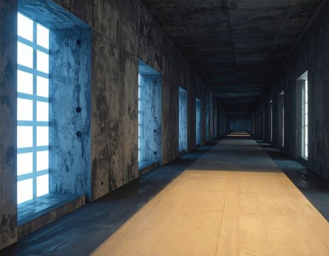Longo corredor de concreto com janelas luminosas banhadas em luz azulada, criando uma atmosfera industrial e futurista de profundidade.