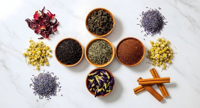 Assorted Loose Leaf Herbal Teas and Ingredients Flatlay