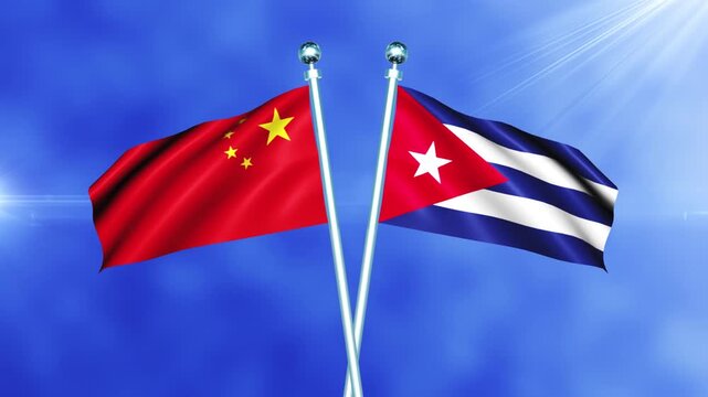 China and Cuba Flag Waving On Pole Loop