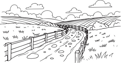 Fototapeta premium Rural landscape with dirt road and wooden fence stretching towards rolling hills and fluffy clouds under a clear sky in a pastoral setting