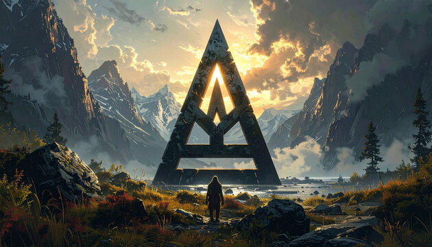 A person stands before a large triangular tribal symbol with sharp edges in a mountainous landscape.