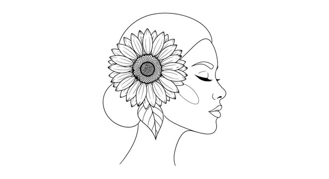 minimalist line art portrait of a woman with a sunflower in profile embodying natural beauty and serenity
