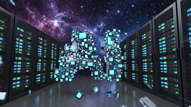 Futuristic ai logo explodes into fragments with glowing servers in neon lit room 4k video