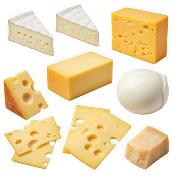 A diverse collection of various types of dairy cheese including soft brie and hard yellow cheddar