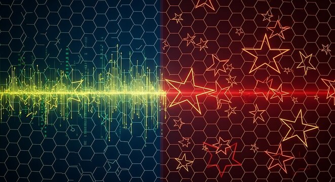 A vibrant digital illustration of sound waves and stars on a honeycomb pattern background Brazil and morocco scoreboard 2026 soccer world championship fu