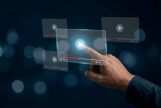 Hand interacting with a futuristic transparent screen displaying video playback interfaces in a blurred background