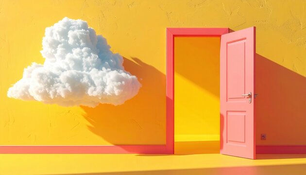 Cen&aacute;rio surreal e vibrante com uma nuvem fofa flutuando ao lado de uma porta rosa aberta em uma sala amarela brilhante, simbolizando oportunidades e imagina&ccedil;&atilde;o.
