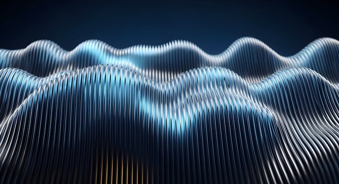 Abstract metallic waves with blue highlights and dark background