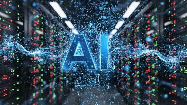 Dynamic isometric shot of ai logo with futuristic purple glow in data center 4k video