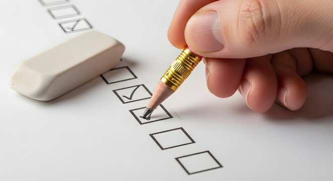 Hand holding pencil marking checkbox on form with eraser nearby on white paper