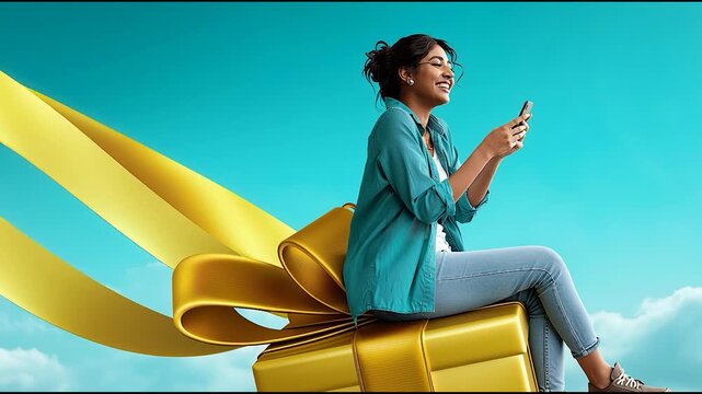 Businesswoman sitting on gift box tied with ribbon floating in sky, success reward and achievement concept with bright blue background and surreal composition