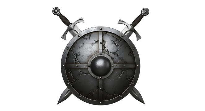 Viking round shield with crossed swords isolated on transparent background