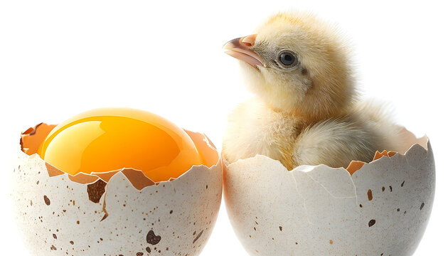 Macro view of hatched chick in speckled shell and open egg with bright yolk on white background showing stages of development and agricultural poultry farming industry image.