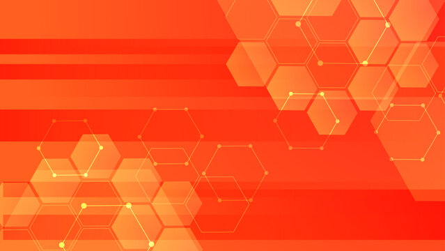 Dynamic orange and red gradient background featuring geometric hexagons and technological network lines