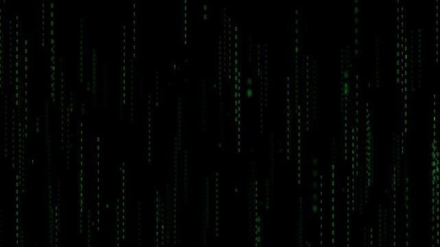Digital rain of bright green, changing numbers on a dark Abstract technology background. Concept of digital age. Algorithm binary, data code, decryption and encoding, row matrix. Abstract technology