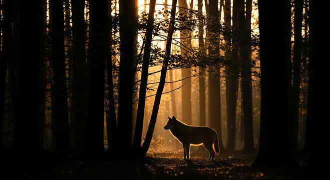 A wolf stands in a forest with backlight creating a silhouette effect at sunset.