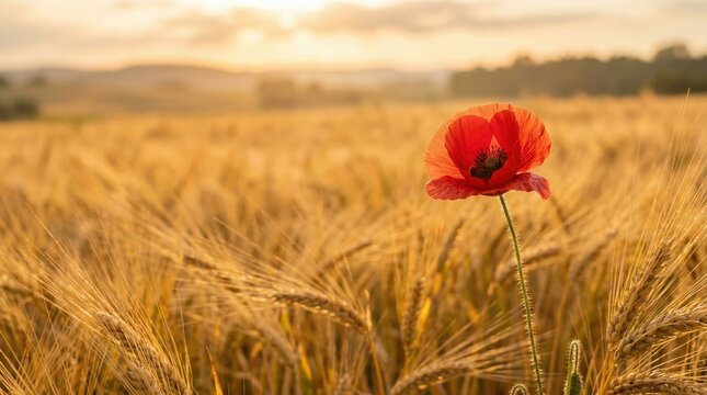 Vibrant red poppy flower in golden barley field during warm sunset