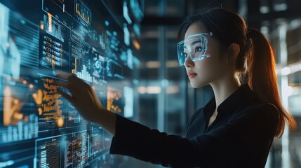 Naklejka premium A woman in a futuristic setting interacts with a large digital screen displaying various data visualizations and graphs.