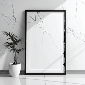 Cracked picture frame leans against a white wall beside a potted plant.