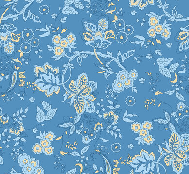 Jacobean connecting detailed floral with blue base colour print pattern for spring summer 