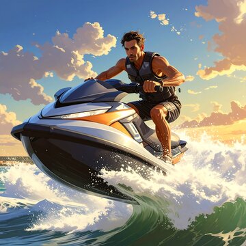 A man riding a jet ski on waves at sunset