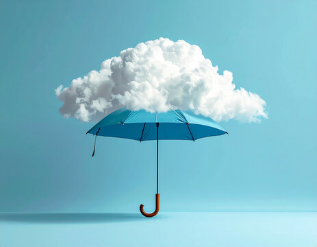 A single blue umbrella protects from a large white rain cloud overhead.