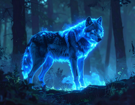 Glowing wolf with blue aura stands in blurred forest background with copy space.