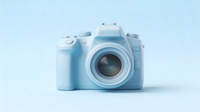 Blue DSLR camera on light blue background