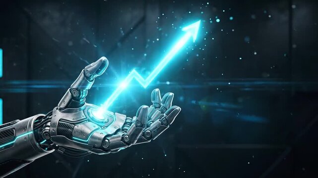 Algorithmic trading robot hand technology finance stock market data growth chart with rising arrow hologram, artificial intelligence robotic strategy, glowing upward graph for market trend financial