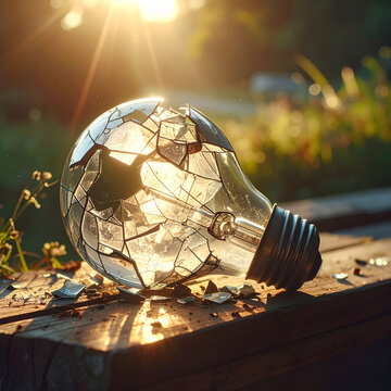Broken light bulb still glowing softly on wooden surface outdoors in daylight.