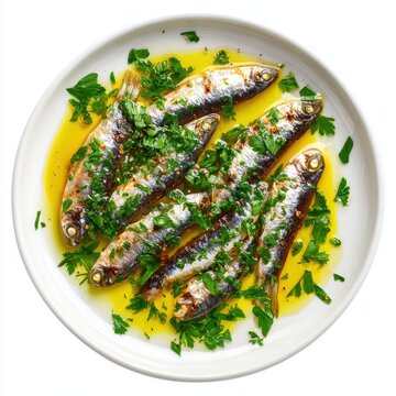 Boquerones en vinagre with marinated anchovies olive oil isolated on a white background