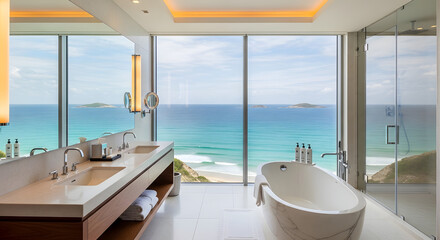 Fototapeta premium Luxurious modern bathroom with a freestanding bathtub and double vanity overlooking a stunning ocean view and beach