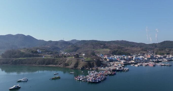 Aerial Drone Footage of Peaceful Ocheon Port and Chungcheong Suyeongseong Fortress, Boryeong, South Korea