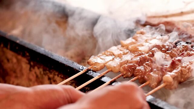 Slow motion closeup of pork satay skewers grilling over hot charcoal with rising white smoke on street food stall.