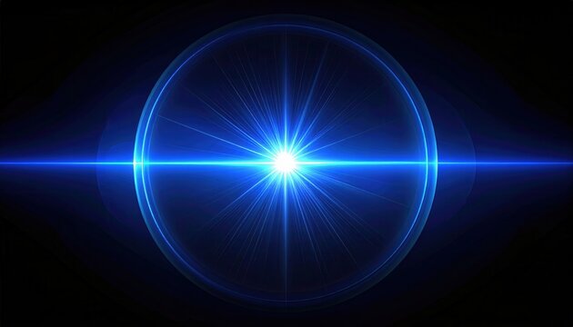 Abstrakte blaue Lichtquelle mit strahlendem Zentrum und leuchtendem Ring vor dunkler Kulisse f&uuml;r moderne Grafiken und Spezialeffekte.