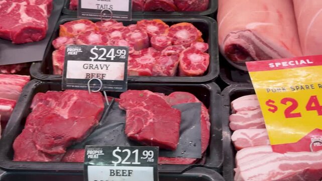 Camera panning across fresh raw meat display at butcher counter with price tags and various cuts.