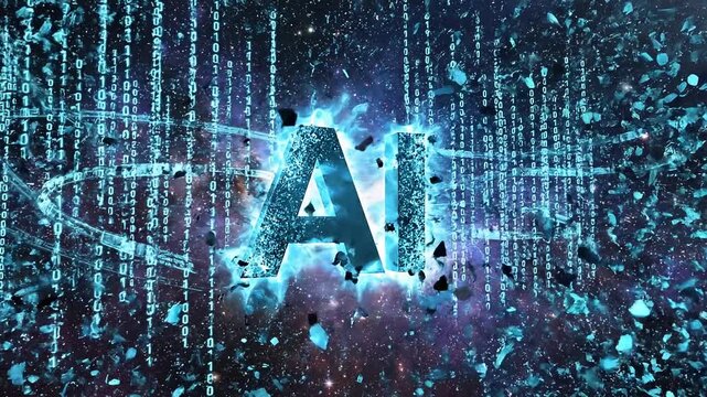 Exploding ai typography with digital data matrix background and glowing particles 4k video
