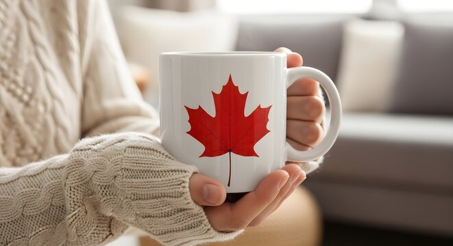 hands cupping maple-leaf mug atop cable-knit sweater near sunlit sofa, warm product lifestyle close-up