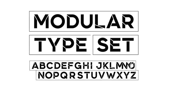 Modular typeface alphabet set with uppercase letters in black font on white background for design and typography purposes