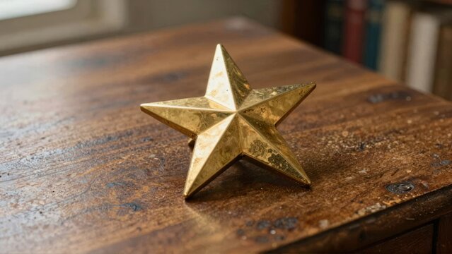 Gold star on wooden desk or Wooden desk with gold star