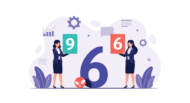 Two businesswomen holding number signs for nine and six in front of a giant number six illustrating different perspectives in business.