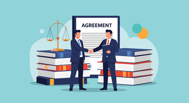 Two businessmen shaking hands in front of an agreement document and stacks of law books representing legal settlement and partnership.