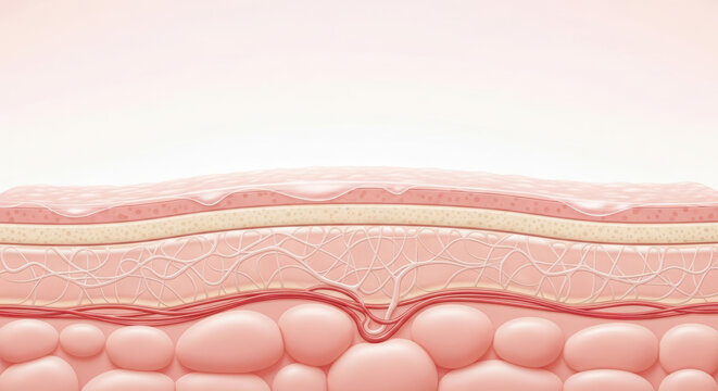 3D illustration of human skin cross-section anatomy showing epidermis, dermis, and subcutaneous fat layers