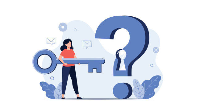 Businesswoman holding a large blue key to unlock a giant question mark with a keyhole representing finding solutions to complex problems.