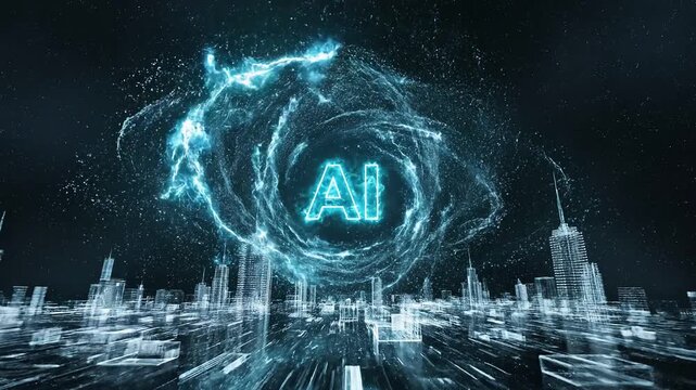 Futuristic ai logo floating above digital cityscape with swirling energy particles 4k video